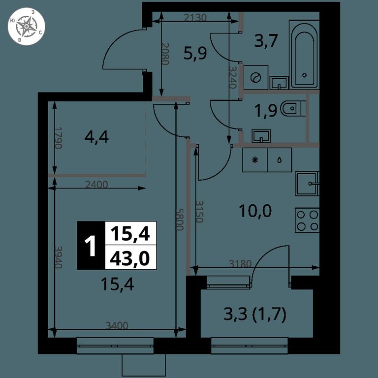 1-BD Apartment Sale, 43平方米 at 1 Yasenevskij, Kvartal № 24, Mosrentgen Settlement, Moscow, Russia #1