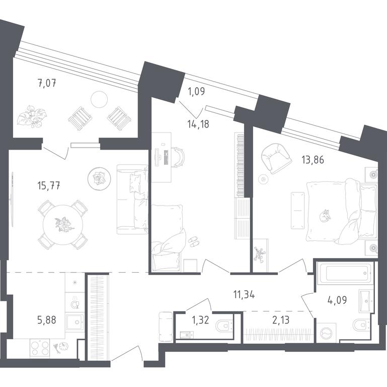 1-BD Apartment Sale, 76.73 sq. m. at Sputnik, Lipovoy Roschi Street, 1к4, derevnya Razdory, Odintsovskiy City District, Moscow Region, Russia #2