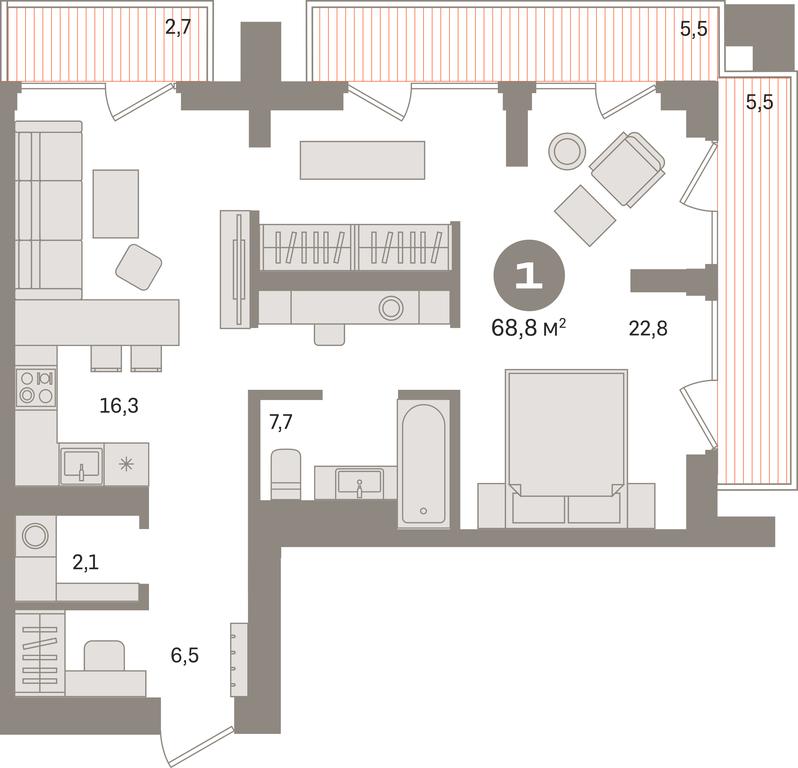 1-BD Apartment Sale, 68.8平方米 at Kvartal Izdanie, Perovskoye Highway, Moscow, Russia #1