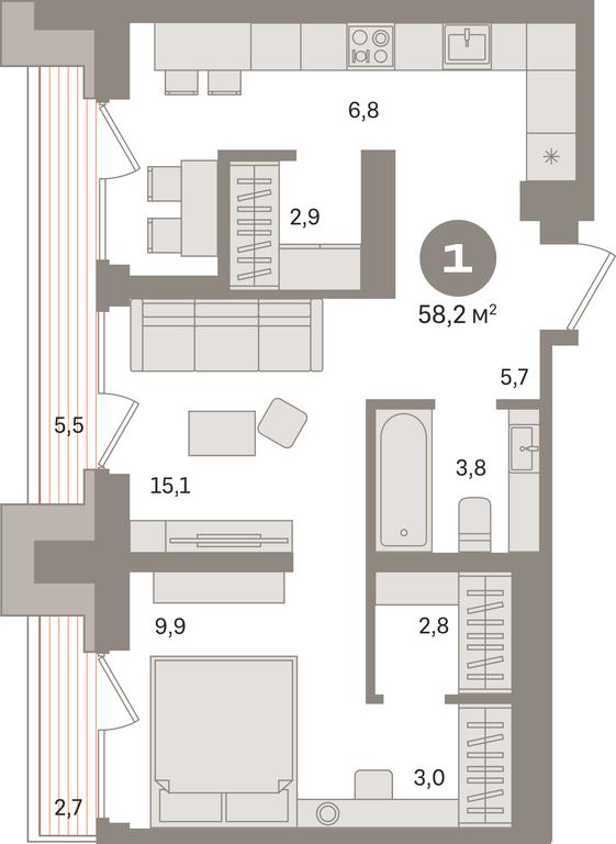 1-BD Apartment Sale, 58.2平方米 at Kvartal Izdanie, Perovskoye Highway, Moscow, Russia #1