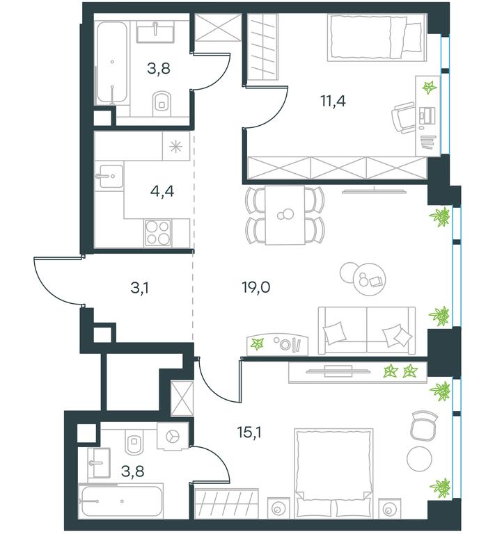 2-BD Apartment Sale, 61.4平方米 at Level Michurinskiy, Озёрная улица, вл1, Москва, Россия #1 2-BD Apartment Sale, 61.4平方米 at Level Michurinskiy, Озёрная улица, вл1, Москва, Россия #1