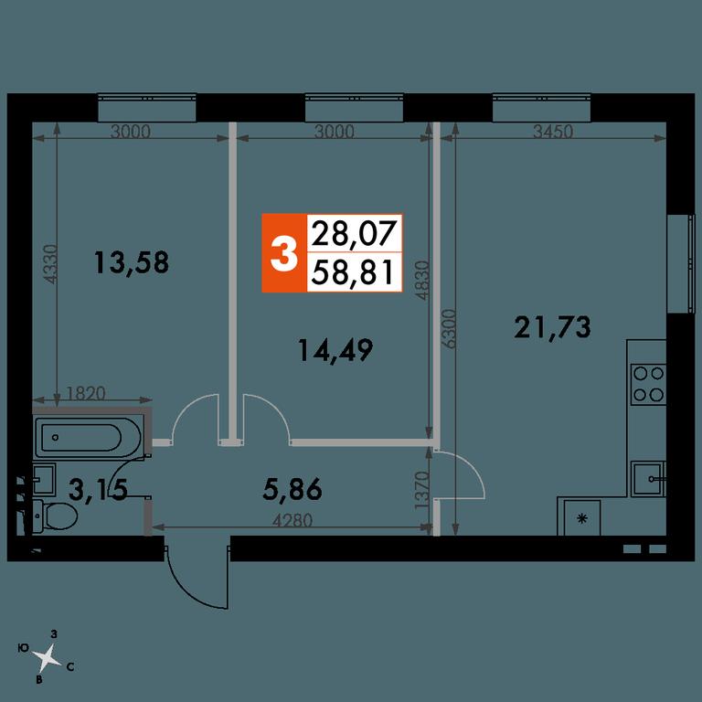 2-BD Apartment Sale, 58.9平方米 at Park Aprel, ulitsa Park Aprel, 1, Aprelevka, Naro-Fominskiy City District, Moscow Region, Russia #1