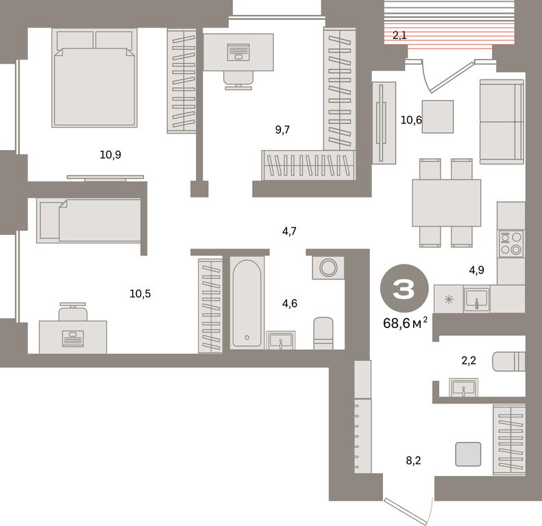 2-BD Apartment Sale, 68.6平方米 at Kvartal Metronom, Tagilskaya Street, Moscow, Russia #1