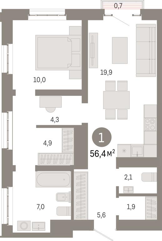 1-BD Apartment Sale, 56.4平方米 at Kvartal Metronom, Tagilskaya Street, Moscow, Russia #1