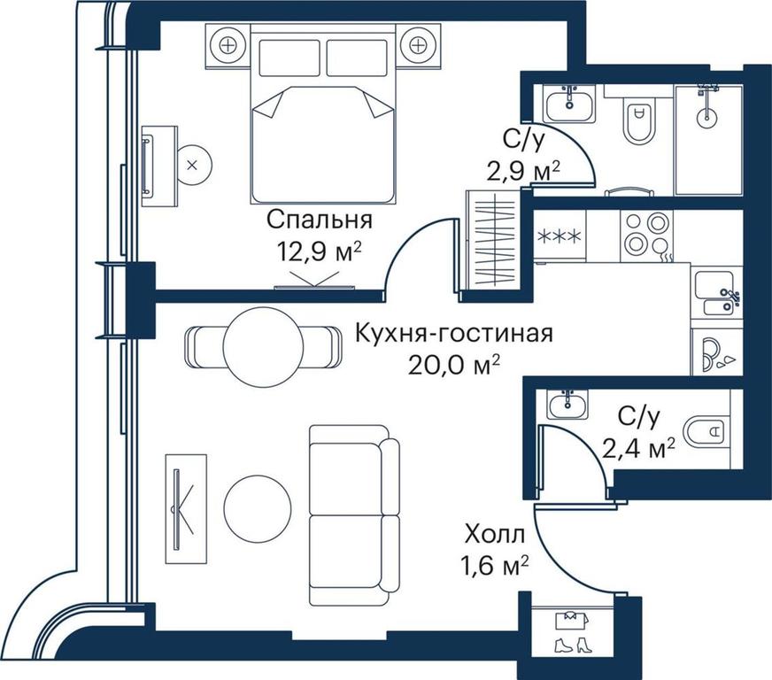 1-BD Apartment Sale, 39.28平方米 at City Bay, Volokolamskoye Highway, 95с3, Moscow, Russia #1