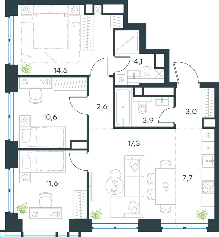 3-BD Apartment Sale, 75.3平方米 at Level Zvenigorodskaya, 3rd Silikatny Drive, 6к1, Moscow, Russia #1