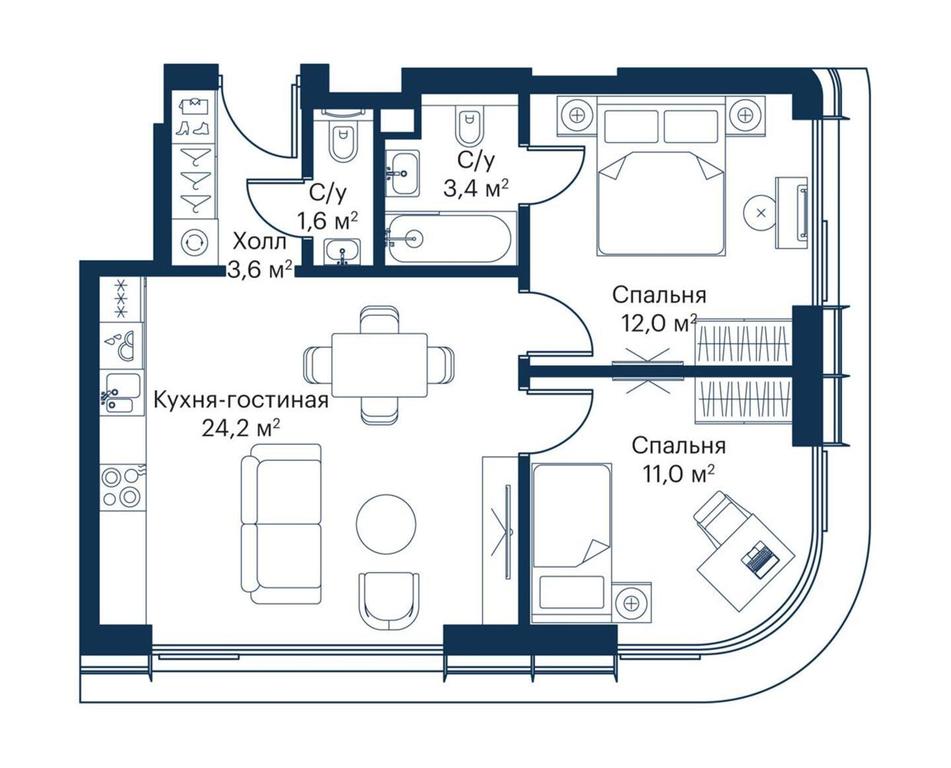 2-BD Apartment Sale, 54.61 sq. m. at City Bay, Volokolamskoye Highway, 95с3, Moscow, Russia #1