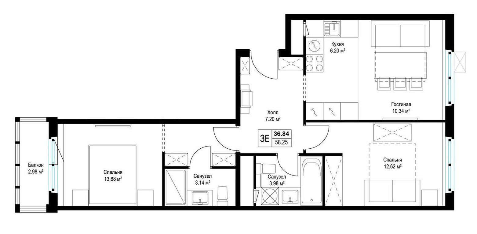 2-BD Apartment Sale, 58.4平方米 at Eko Vidnoe 2.0, kvartal Tsentralny, 1, Kupelinka Subdistrict, derevnya Sapronovo, Leninskiy City District, Moscow Region, Russia #1