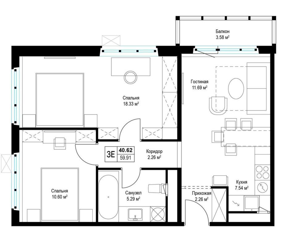 2-BD Apartment Sale, 60 sq. m. at Eko Vidnoe 2.0, kvartal Tsentralny, 1, Kupelinka Subdistrict, derevnya Sapronovo, Leninskiy City District, Moscow Region, Russia #1 2-BD Apartment Sale, 60 sq. m. at Eko Vidnoe 2.0, kvartal Tsentralny, 1, Kupelinka Subdistrict, derevnya Sapronovo, Leninskiy City District, Moscow Region, Russia #1