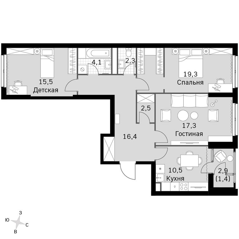 3-BD Apartment Sale, 89.3平方米 at Sky Garden, Stroitelny Drive, 9с6, Moscow, Russia #1