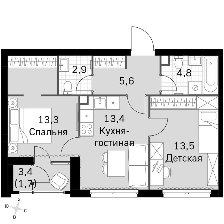 3-BD Apartment Sale, 55.2 sq. m. at Sky Garden, Stroitelny Drive, 9с6, Moscow, Russia #1
