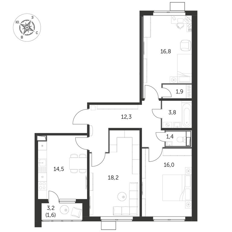 3-BD Apartment Sale, 86.8 sq. m. at Pervyi Lermontovskiy, zhiloy kompleks 1-y Lermontovskiy, Lyubertsy, Moscow Region, Russia #1