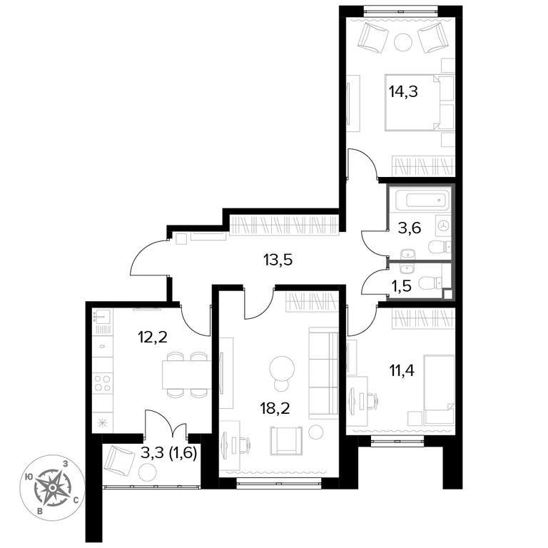 3-BD Apartment Sale, 76.3 sq. m. at Yzhnaya Bitsa, Yuzhnaya Bitsa Residential Complex, posyolok Bittsa, Leninskiy City District, Moscow Region, Russia #1