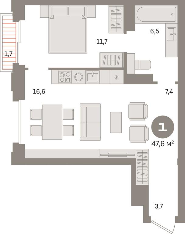 1-BD Apartment Sale, 47.6平方米 at Kvartal «MONS», Ogorodny Drive, Moscow, Russia #1
