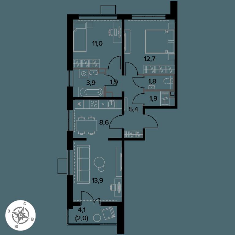 3-BD Apartment Sale, 63.1 sq. m. at Pervy Donskoj, zhiloy mikrorayon Sapronovo, derevnya Sapronovo, Leninskiy City District, Moscow Region, Russia #1