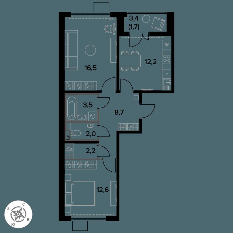 2-BD Apartment Sale, 59.4平方米 at Pervy Donskoj, zhiloy mikrorayon Sapronovo, derevnya Sapronovo, Leninskiy City District, Moscow Region, Russia #1