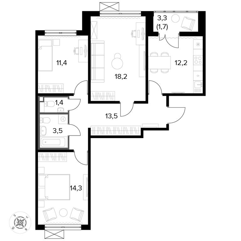 3-BD Apartment Sale, 76.4 sq. m. at Pervyi Leningradskiy, Pervy Leningradskiy Residential Complex, Moscow, Russia #1