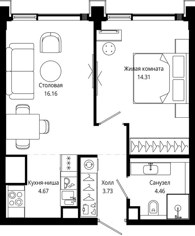 1-BD Apartment Sale, 43.79平方米 at Mod, 4th Maryinoy Roschi Street, 12с9, Moscow, Russia #1