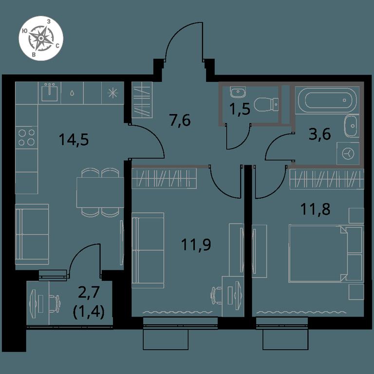 2-BD Apartment Sale, 52.3平方米 at Pervy Donskoj, zhiloy mikrorayon Sapronovo, derevnya Sapronovo, Leninskiy City District, Moscow Region, Russia #1