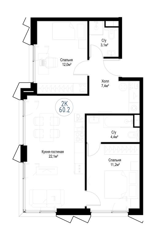 2-BD Apartment Sale, 59平方米 at Metropoliya, Volgogradsky Avenue, 32/3к1, Moscow, Russia #1