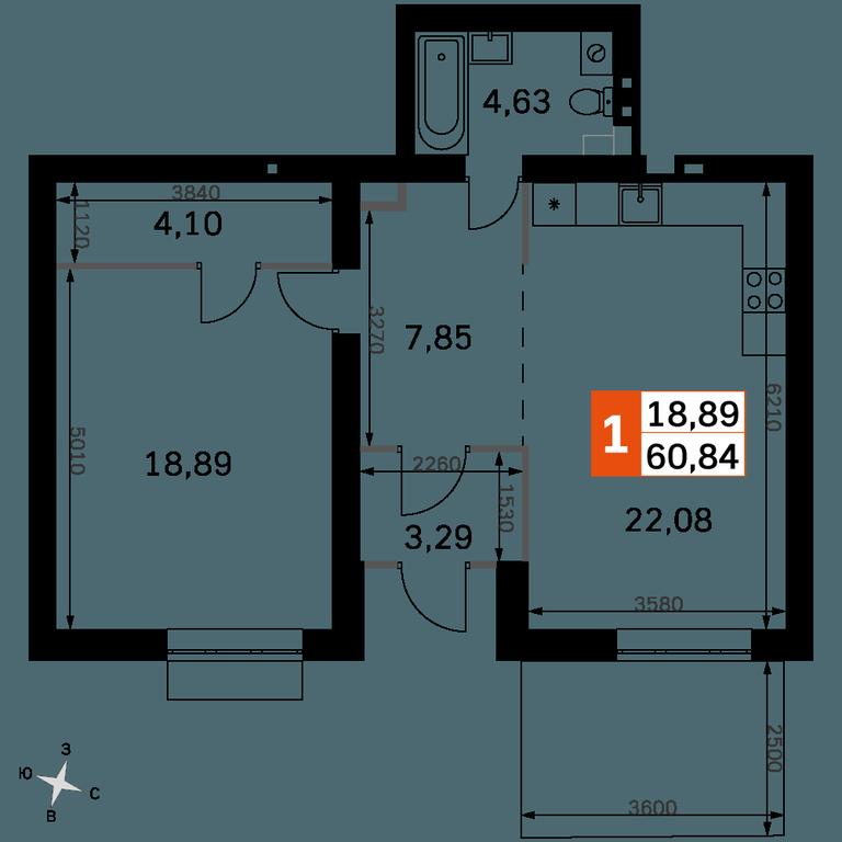 2-BD Apartment Sale, 60.84平方米 at Zhavoronki Club, zhiloy kompleks Akkord Smart-kvartal, Mitkino Village, Odintsovskiy City District, Moscow Region, Russia #2