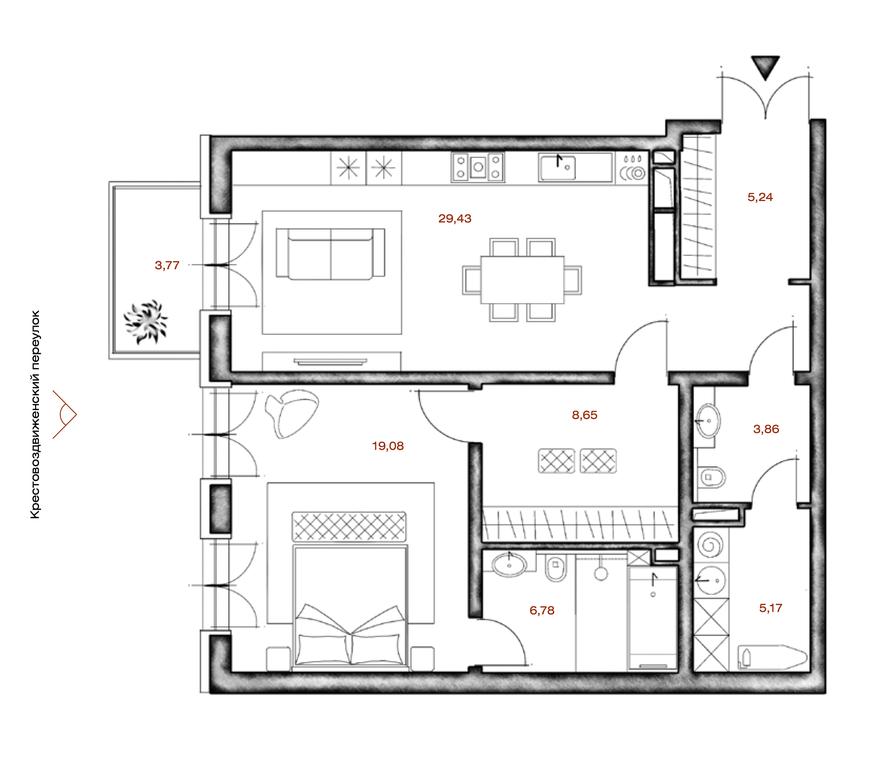 1-BD Apartment Sale, 79.25平方米 at LUCE, Krestovozdvizhensky Lane, 4, Moscow, Russia #1