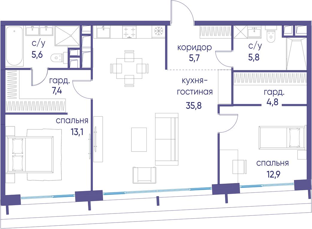 2-BD Apartment Sale, 91.1 sq. m. at Ostrov, Nizhnye Mnyovniki Street, 37Ас4, Moscow, Russia #1