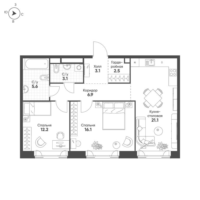 2-BD Apartment Sale, 70.6平方米 at Mariinn Park, Oktyabrskaya Street, 103, Moscow, Russia #1