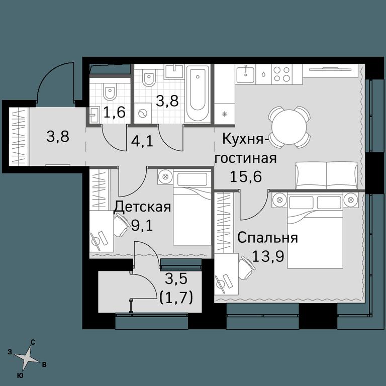 2-BD Apartment Sale, 53.6 sq. m. at Sky Garden, Stroitelny Drive, 9с6, Moscow, Russia #1
