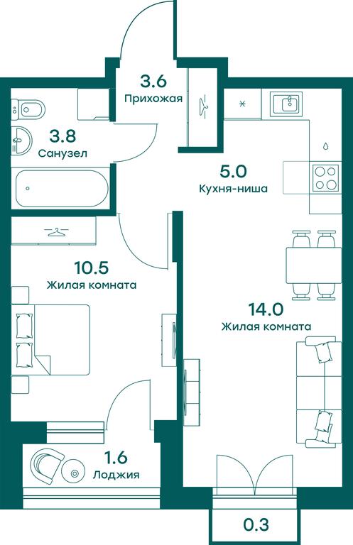1-BD Apartment Sale, 36.9平方米 at Ravnovesie, zhiloy kompleks Ravnovesiye, selo Perkhushkovo, Odintsovskiy City District, Moscow Region, Russia #1
