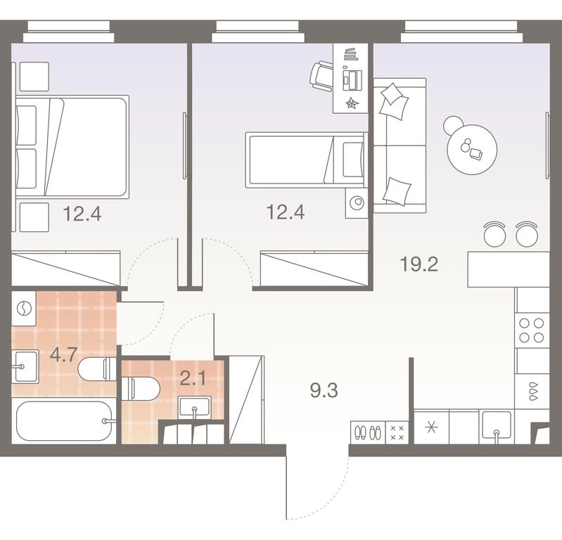 2-BD Apartment Sale, 60.1平方米 at Twelve, Elektrolitny Drive, 12Б, Moscow, Russia #1