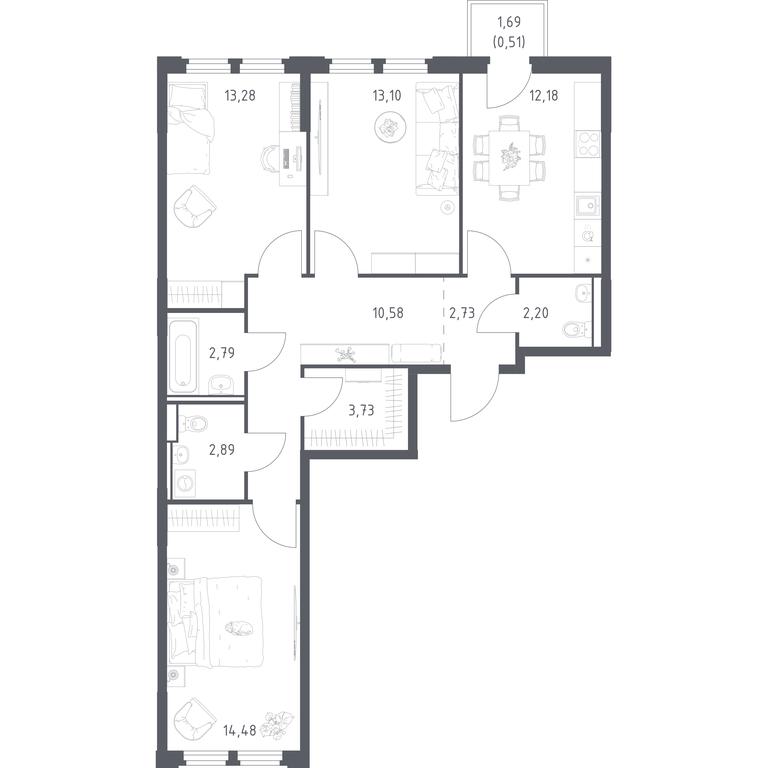 2-BD Apartment Sale, 78.47 sq. m. at Kosmicheskiy kvartal, M.K. Tikhonravova Street, Yubileyniy Microdistrict, Korolyov, Moscow Region, Russia #1