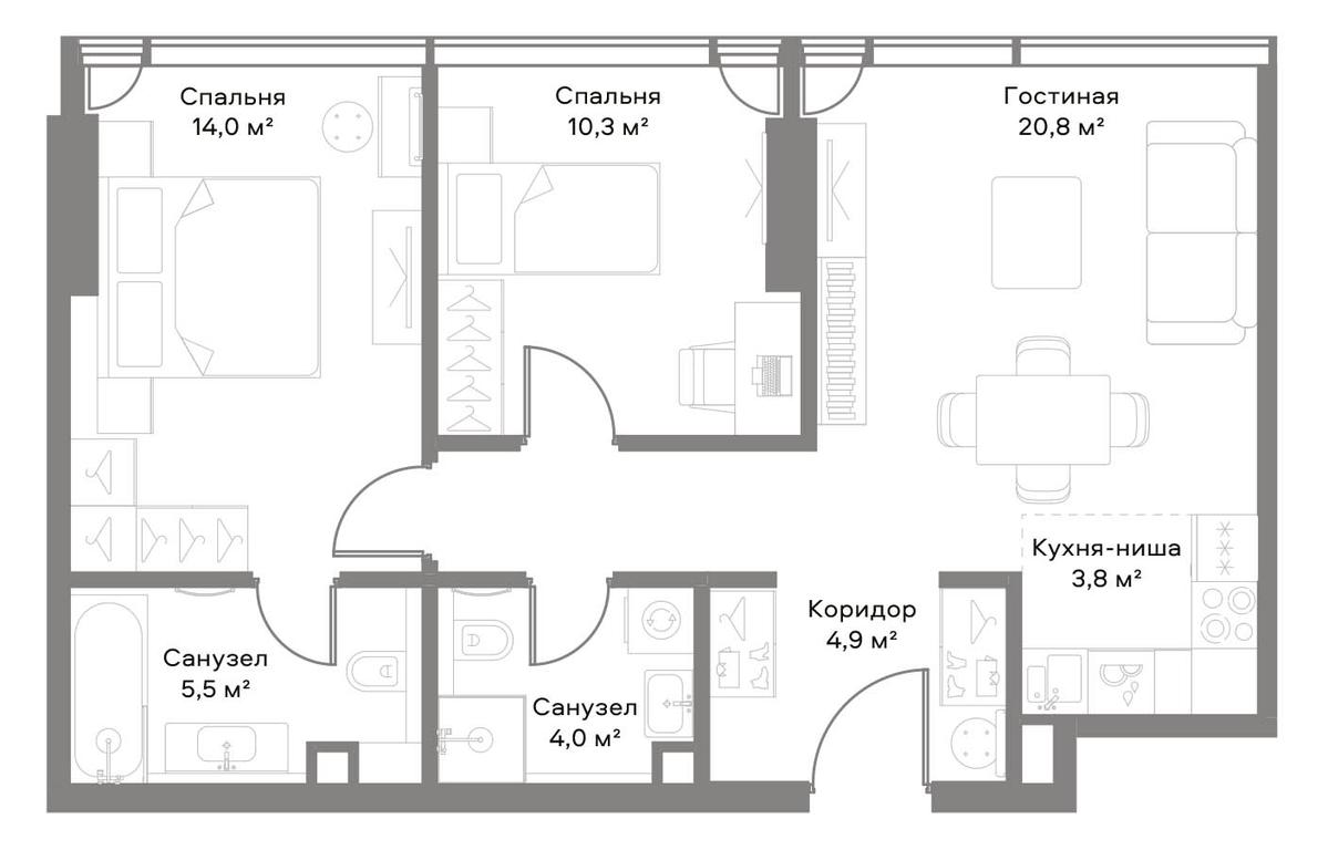 2-BD Apartment Sale, 60.8 sq. m. at Slava, Leningradskiy Avenue, 8с10, Moscow, Russia #1