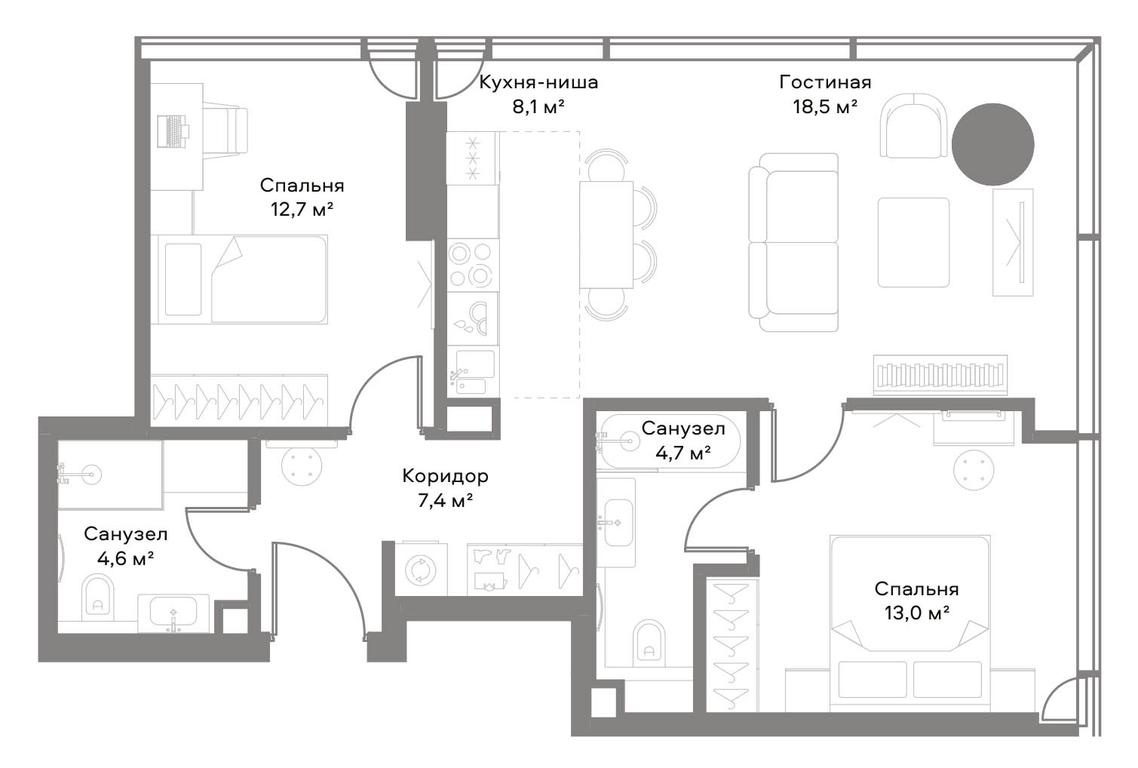 2-BD Apartment Sale, 64.7平方米 at Slava, Leningradskiy Avenue, 8с10, Moscow, Russia #1