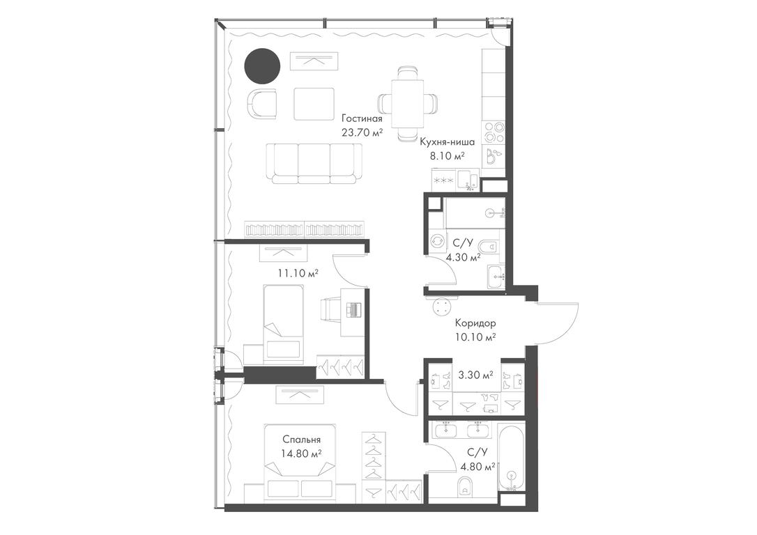 2-BD Apartment Sale, 80.2平方米 at Slava, Leningradskiy Avenue, 8с10, Moscow, Russia #2