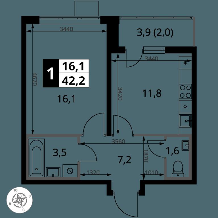 1-BD Apartment Sale, 42.1平方米 at Pervy Yuzhny, zhiloy kompleks Pervy Yuzhny, Leninskiy City District, Moscow Region, Russia #2