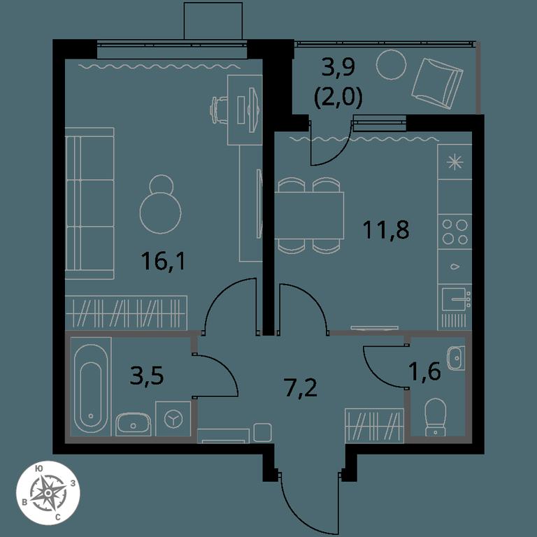 1-BD Apartment Sale, 42.1平方米 at Pervy Yuzhny, zhiloy kompleks Pervy Yuzhny, Leninskiy City District, Moscow Region, Russia #1