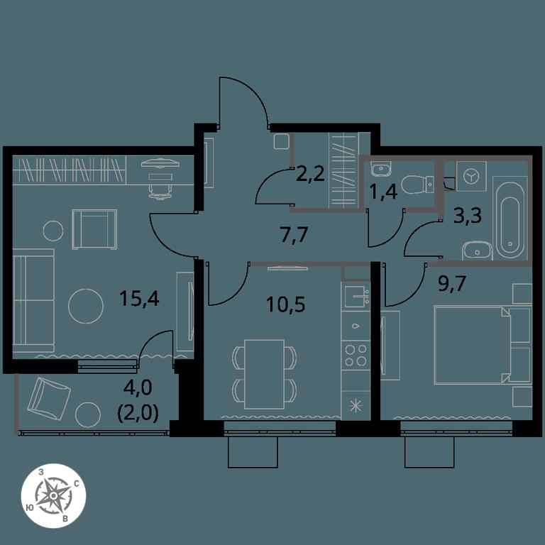 2-BD Apartment Sale, 52.1 sq. m. at Pervy Yuzhny, zhiloy kompleks Pervy Yuzhny, Leninskiy City District, Moscow Region, Russia #1