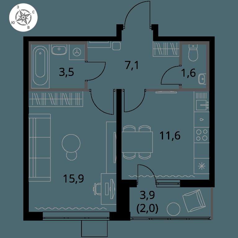 1-BD Apartment Sale, 41.6平方米 at Pervy Yuzhny, zhiloy kompleks Pervy Yuzhny, Leninskiy City District, Moscow Region, Russia #1