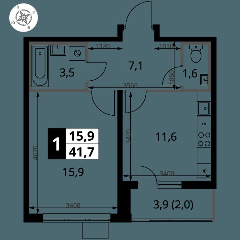 1-BD Apartment Sale, 41.6平方米 at Pervy Yuzhny, zhiloy kompleks Pervy Yuzhny, Leninskiy City District, Moscow Region, Russia #2