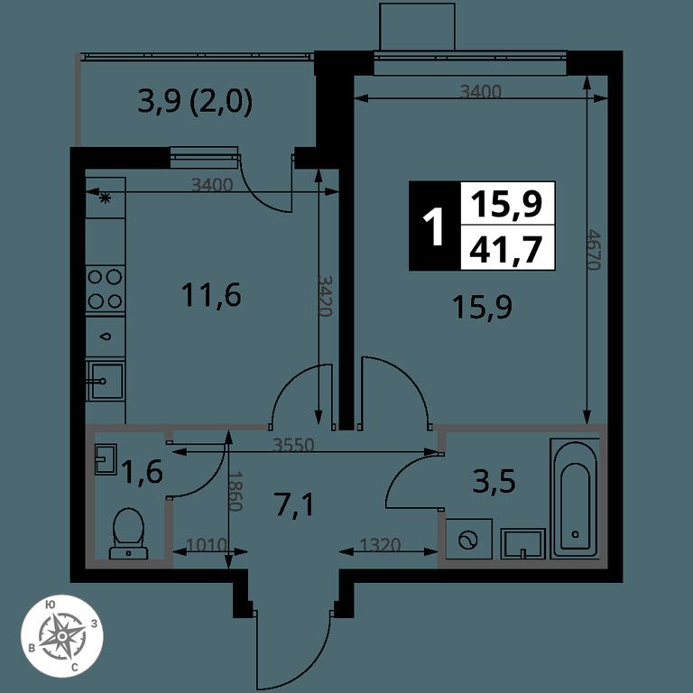 1-BD Apartment Sale, 41.6平方米 at Pervy Yuzhny, zhiloy kompleks Pervy Yuzhny, Leninskiy City District, Moscow Region, Russia #2