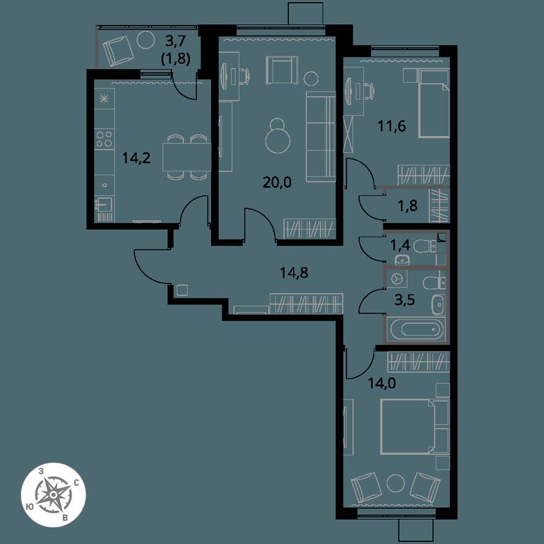 3-BD Apartment Sale, 83.1 sq. m. at Pervy Yuzhny, zhiloy kompleks Pervy Yuzhny, Leninskiy City District, Moscow Region, Russia #1