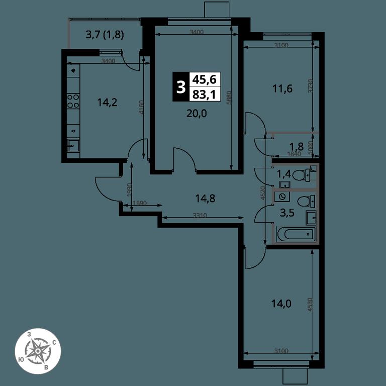 3-BD Apartment Sale, 83.1 sq. m. at Pervy Yuzhny, zhiloy kompleks Pervy Yuzhny, Leninskiy City District, Moscow Region, Russia #2