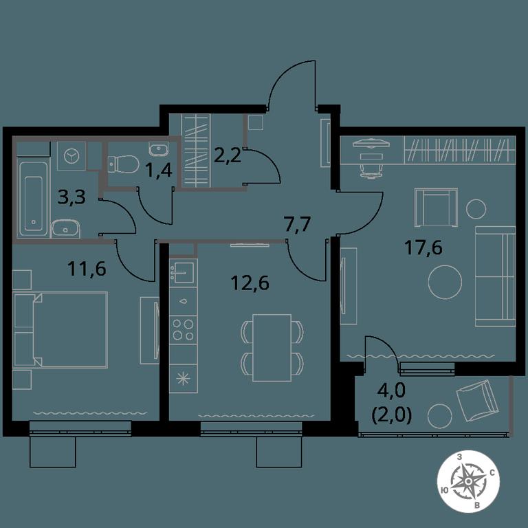 2-BD Apartment Sale, 58.4 sq. m. at Pervy Yuzhny, zhiloy kompleks Pervy Yuzhny, Leninskiy City District, Moscow Region, Russia #1