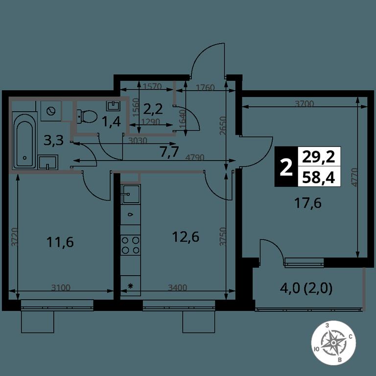 2-BD Apartment Sale, 58.4 sq. m. at Pervy Yuzhny, zhiloy kompleks Pervy Yuzhny, Leninskiy City District, Moscow Region, Russia #2