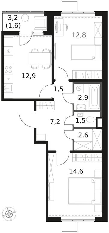 2-BD Apartment Sale, 57.6 sq. m. at 1 Himkinskij, zhiloy kompleks 1-y Khimkinskiy, kvartal Mezhdunarodny, mikrorayon Klyazma-Starbeyevo, Khimki, Moscow Region, Russia #1
