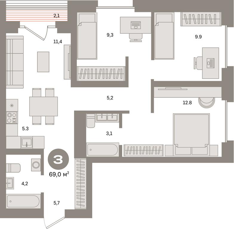 2-BD Apartment Sale, 69平方米 at Kvartal Metronom, Tagilskaya Street, Moscow, Russia #1