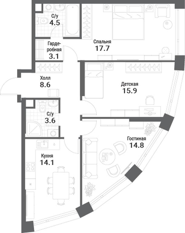 3-BD Apartment Sale, 82.3平方米 at Nagatino i-Land, Andropova Avenue, 18с4, Moscow, Russia #1