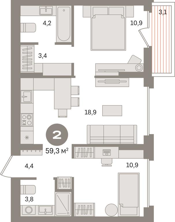 2-BD Apartment Sale, 59.3平方米 at Pervy kvartal, Kalinovaya ulitsa, derevnya Sapronovo, Leninskiy City District, Moscow Region, Russia #1