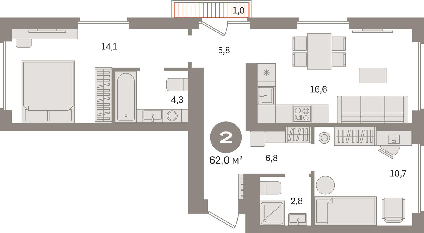 2-BD Apartment Sale, 62平方米 at Pervy kvartal, Kalinovaya ulitsa, derevnya Sapronovo, Leninskiy City District, Moscow Region, Russia #1